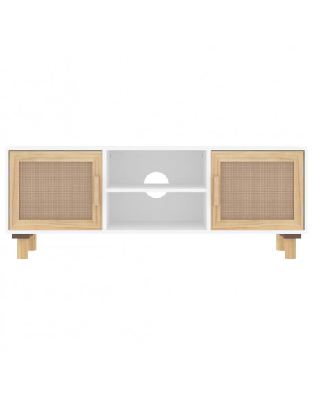Mobile TV Bianco 105x30x40 cm Massello Pino e Rattan Naturale
