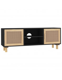 Mobile TV Nero 105x30x40 cm Massello Pino e Rattan Naturale 2