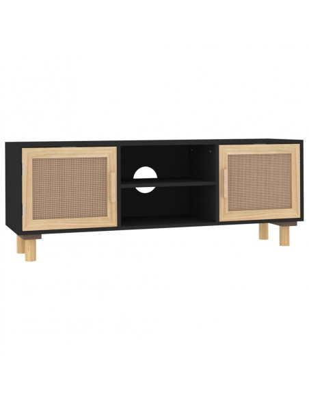 Mobile TV Nero 105x30x40 cm Massello Pino e Rattan Naturale