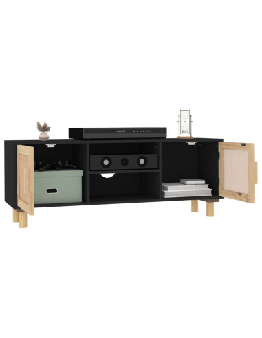 Mobile TV Nero 105x30x40 cm Massello Pino e Rattan Naturale