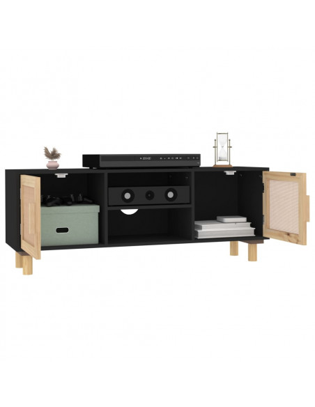 Mobile TV Nero 105x30x40 cm Massello Pino e Rattan Naturale