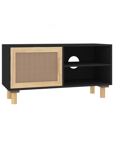 Mobile TV Nero 80x30x40 cm Massello Pino e Rattan Naturale