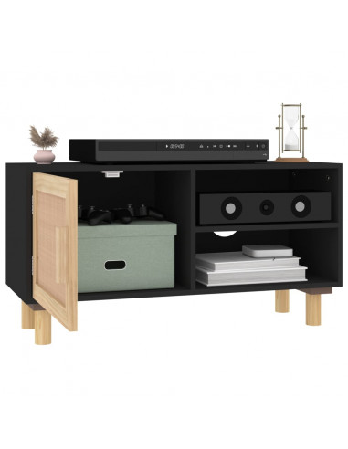 Mobile TV Nero 80x30x40 cm Massello Pino e Rattan Naturale