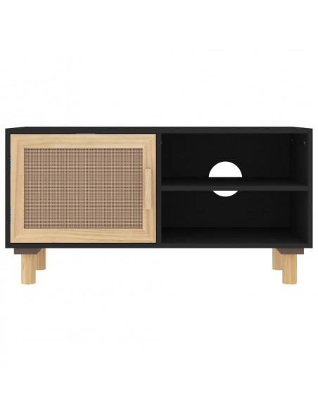 Mobile TV Nero 80x30x40 cm Massello Pino e Rattan Naturale