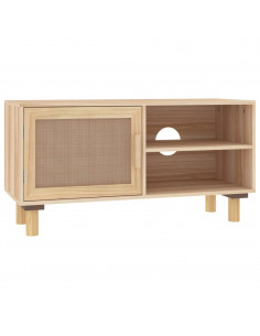 Mobile TV Marrone 80x30x40 cm Massello Pino e Rattan Naturale 2