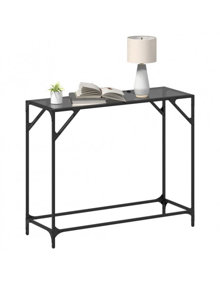 Tavolino Consolle con Piano in Vetro Nero 98x35x81cm in Acciaio