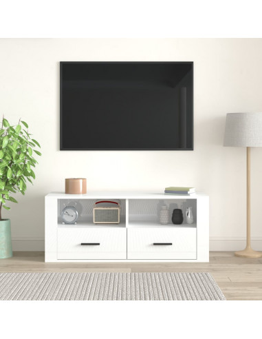 Mobile Porta TV Bianco Lucido 100x35x40 cm in Legno Multistrato