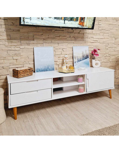 Mobile TV MOLDE Bianca 158x40x49 cm in Legno Massello di Pino