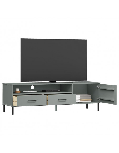 Mobile TV con Gambe Metallo Grigio Legno Massello di Pino OSLO