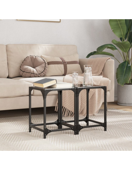 Tavolini da Salotto con Piano Vetro Nero 2pz 30x30x40cm Acciaio
