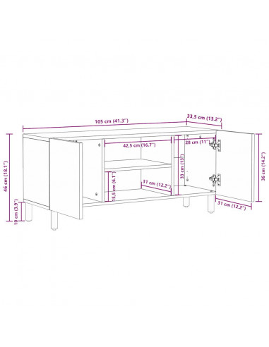 Mobile Porta TV Nero 105x33,5x46 cm Legno Massello Mango Grezzo