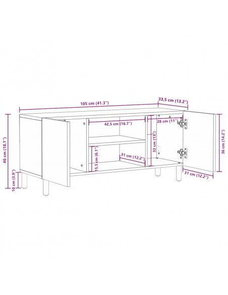 Mobile Porta TV Nero 105x33,5x46 cm Legno Massello Mango Grezzo