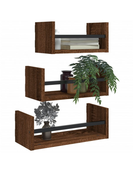 Set Mensole Parete con Aste 3pz Rovere Marrone in Multistrato