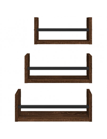 Set Mensole Parete con Aste 3pz Rovere Marrone in Multistrato