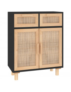 Credenza Nera 60x30x75 cm Legno Massello Pino e Rattan Naturale 2