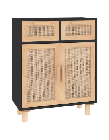 Credenza Nera 60x30x75 cm Legno Massello Pino e Rattan Naturale