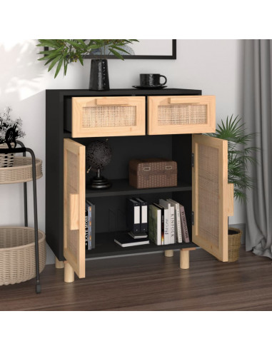 Credenza Nera 60x30x75 cm Legno Massello Pino e Rattan Naturale