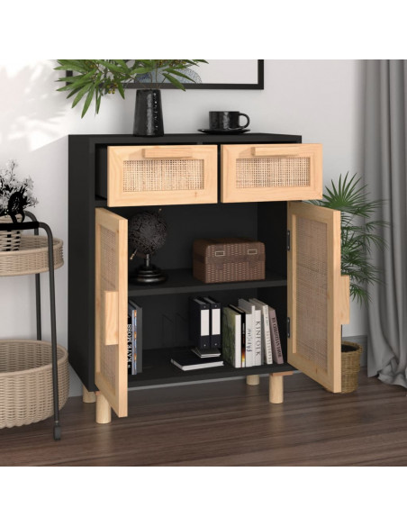 Credenza Nera 60x30x75 cm Legno Massello Pino e Rattan Naturale