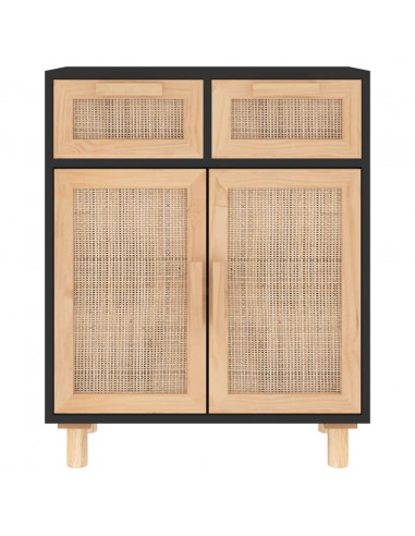 Credenza Nera 60x30x75 cm Legno Massello Pino e Rattan Naturale