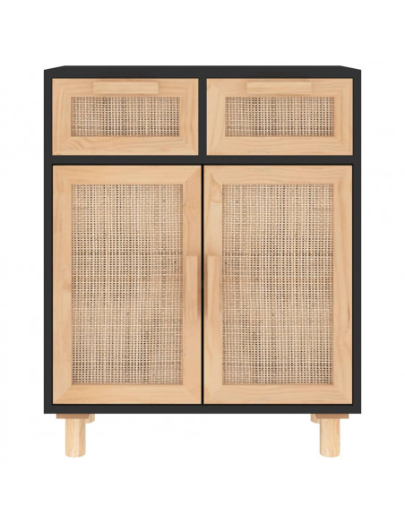 Credenza Nera 60x30x75 cm Legno Massello Pino e Rattan Naturale
