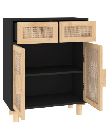 Credenza Nera 60x30x75 cm Legno Massello Pino e Rattan Naturale