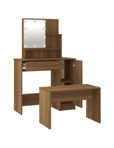 Set Tavolo da Toeletta con LED Rovere Marrone Legno Multistrato