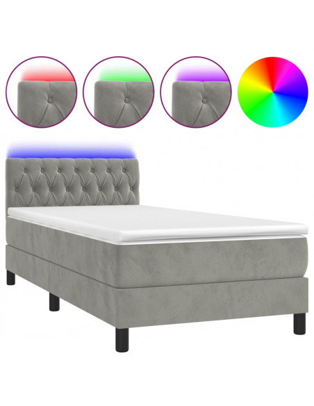 Letto a Molle Materasso e LED Grigio Chiaro 100x200 cm Velluto