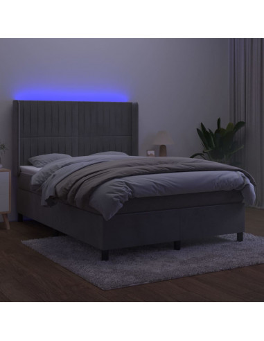 Letto a Molle Materasso e LED Grigio Chiaro 140x190 cm Velluto