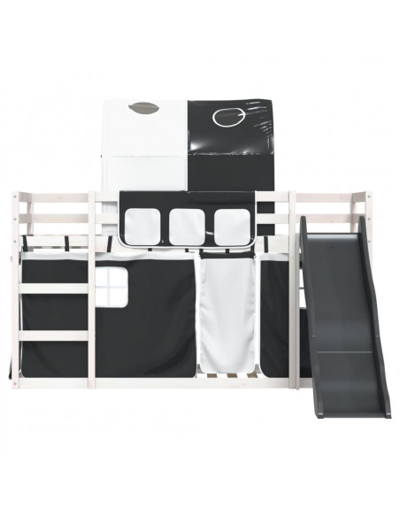 Letto a Castello con Scivolo e Tende Bianco e Nero 80x200 cm