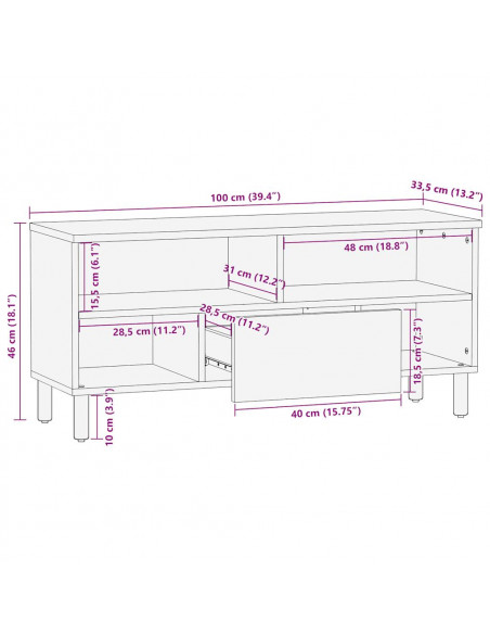 Mobile Porta TV Nero 100x33,5x46 cm Legno Massello Mango Grezzo