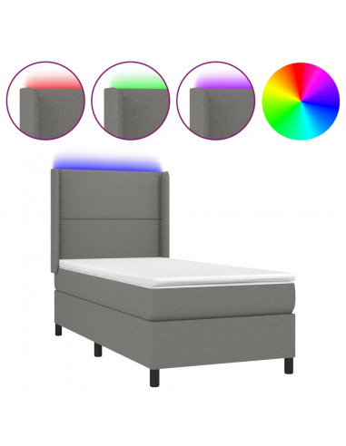 Letto a Molle Materasso e LED Grigio Scuro 90x200 cm in Tessuto