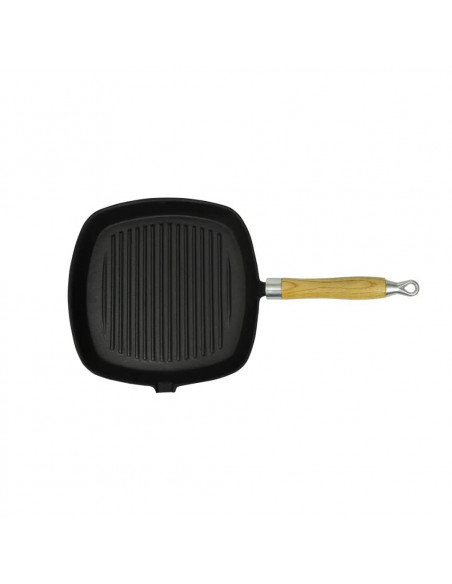 Padella Tegame Griglia in Ghisa con Manico in Legno 20x20 cm