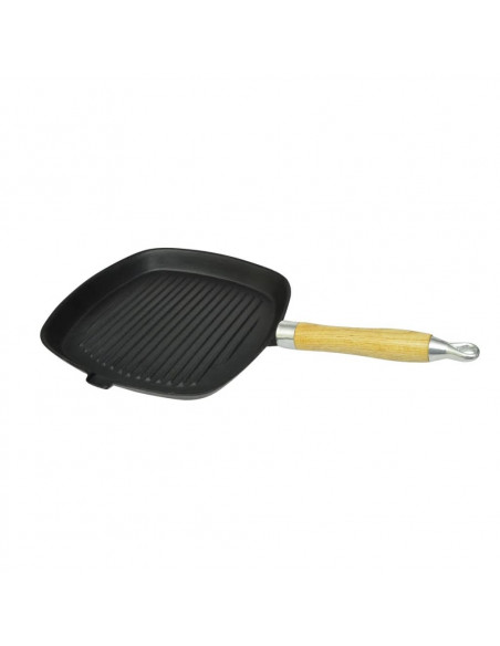 Padella Tegame Griglia in Ghisa con Manico in Legno 20x20 cm