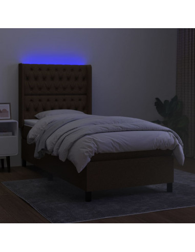 Letto a Molle Materasso e LED Marrone Scuro 90x190cm in Tessuto