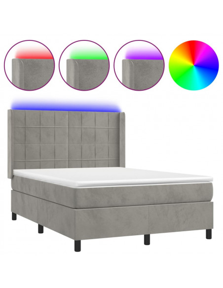 Letto a Molle Materasso e LED Grigio Chiaro 140x190 cm Velluto