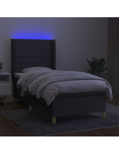 Letto a Molle Materasso e LED Grigio Scuro 90x200 cm in Tessuto