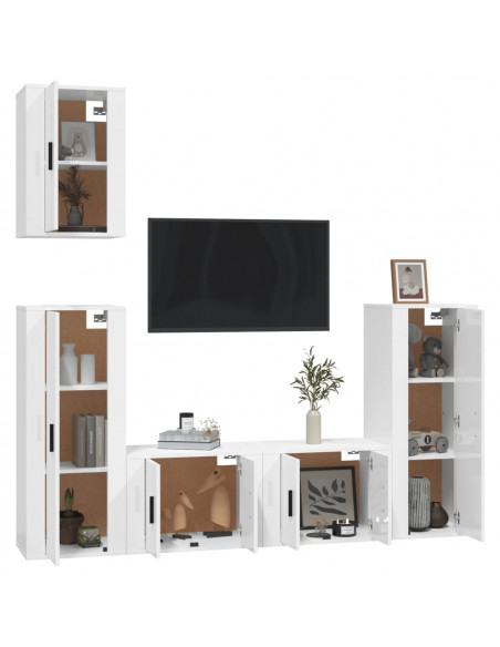 Set di Mobili Porta TV 5 pz Bianco Lucido in Legno Multistrato