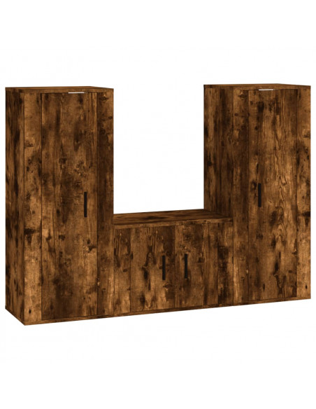 Set Mobili Porta TV 3 pz Rovere Fumo in Legno Multistrato