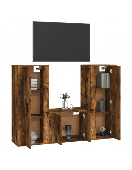 Set Mobili Porta TV 3 pz Rovere Fumo in Legno Multistrato