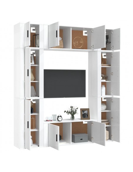 Set Mobili Porta TV 8pz Bianco Lucido in Legno Multistrato