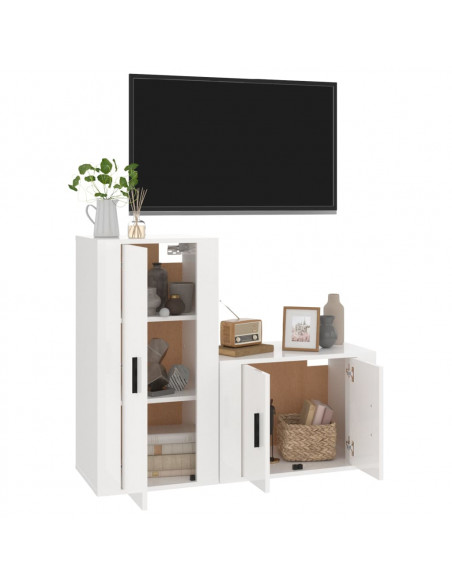 Set di Mobili Porta TV 2 pz Bianco Lucido in Legno Multistrato