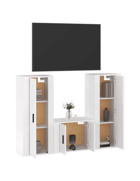 Set Mobili Porta TV 3 pz Bianco Lucido in Legno Multistrato