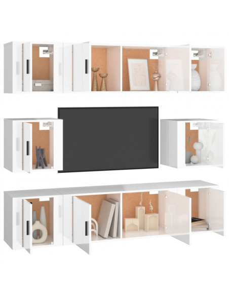 Set di Mobili Porta TV 7 pz Bianco Lucido in Legno Multistrato