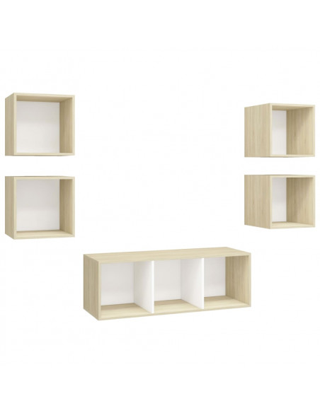 Set Porta TV 5 pz Bianco e Rovere Sonoma in Truciolato