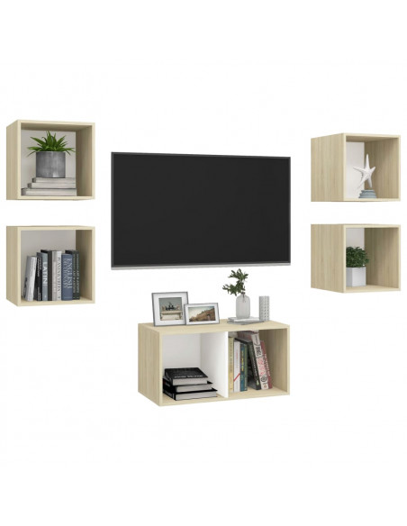 Set Porta TV 5 pz Bianco e Rovere Sonoma in Truciolato