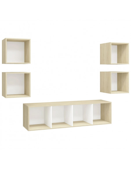 Set Porta TV 5 pz Bianco e Rovere Sonoma in Truciolato