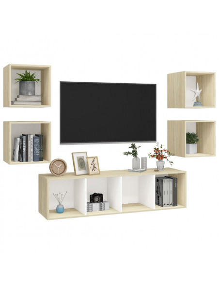 Set Porta TV 5 pz Bianco e Rovere Sonoma in Truciolato
