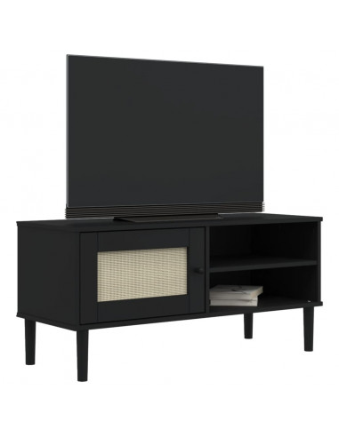 Mobile TV SENJA Aspetto Rattan Nero 106x40x49 cm Massello Pino