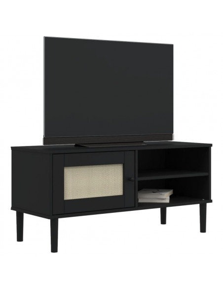 Mobile TV SENJA Aspetto Rattan Nero 106x40x49 cm Massello Pino