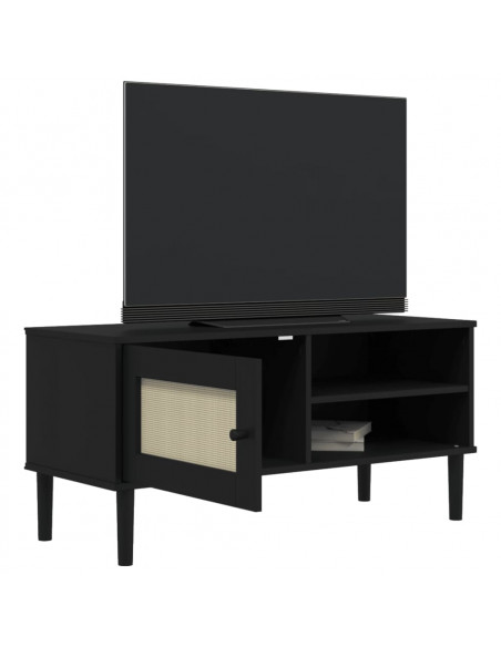 Mobile TV SENJA Aspetto Rattan Nero 106x40x49 cm Massello Pino